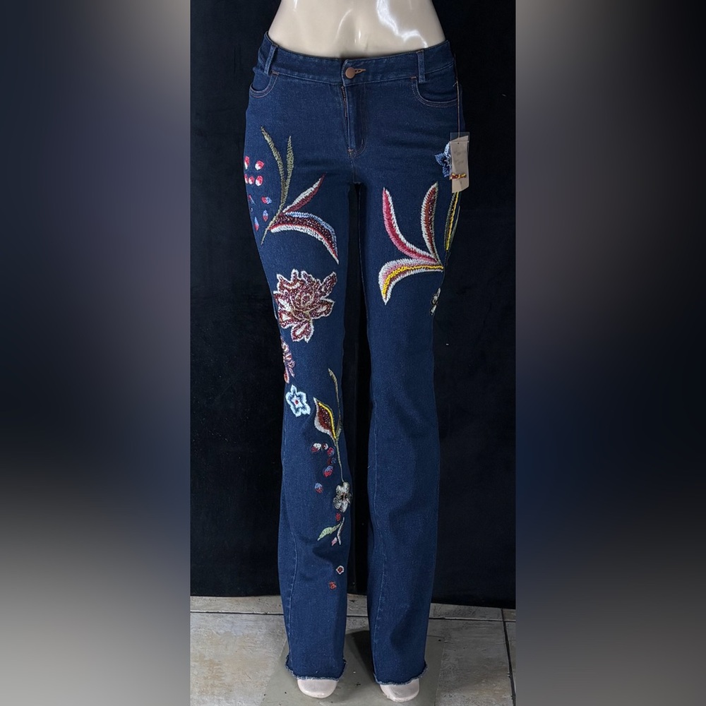 Embroidered Straight-Leg Women’s Jeans in Dark Blue